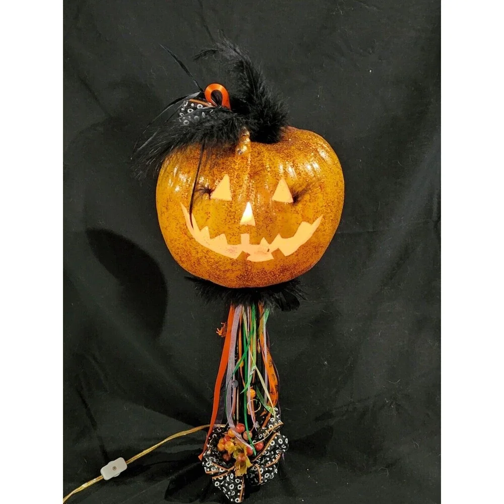 Halloween Jack O Lantern Table Lamp Hand Made Mardi Gras Look Pumpkin Light FUN